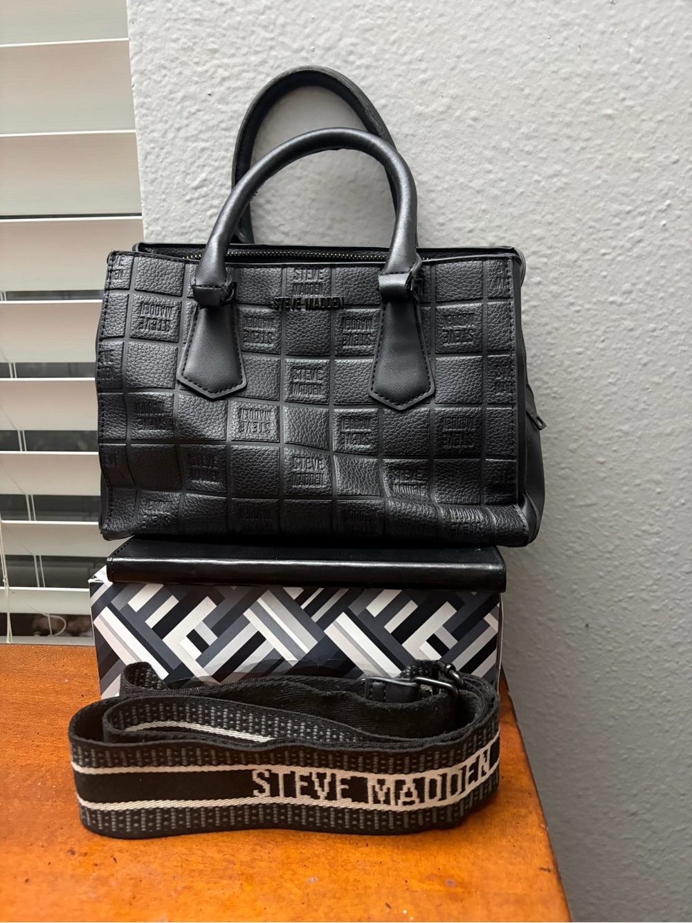 Steve Madden Black Embossed Top-Handle Satchel with Branded Strap